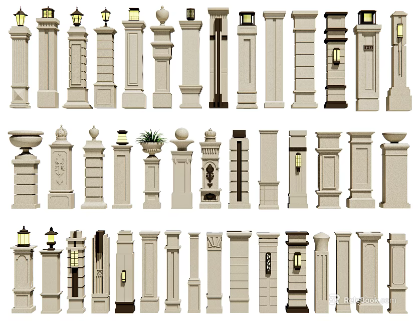 Various Architectural Columns With Decorative Finials Lamp Details And Design Styles 3d model 