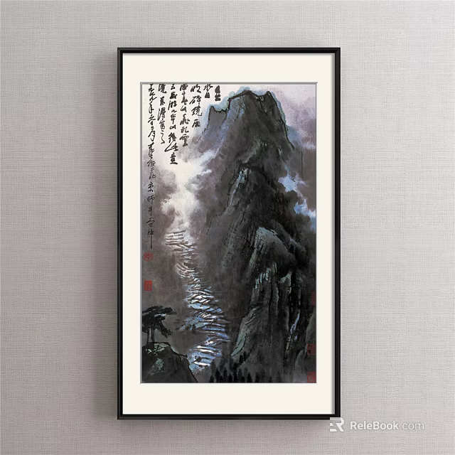 Traditional Chinese Ink Landscape Painting With Misty Mountains Flowing River And Calligraphy 3d model 