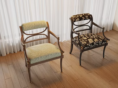 Leisure Chairs With Wooden Frame Armrests And Upholstered Seats In Light Green And Dark Floral 3d model
