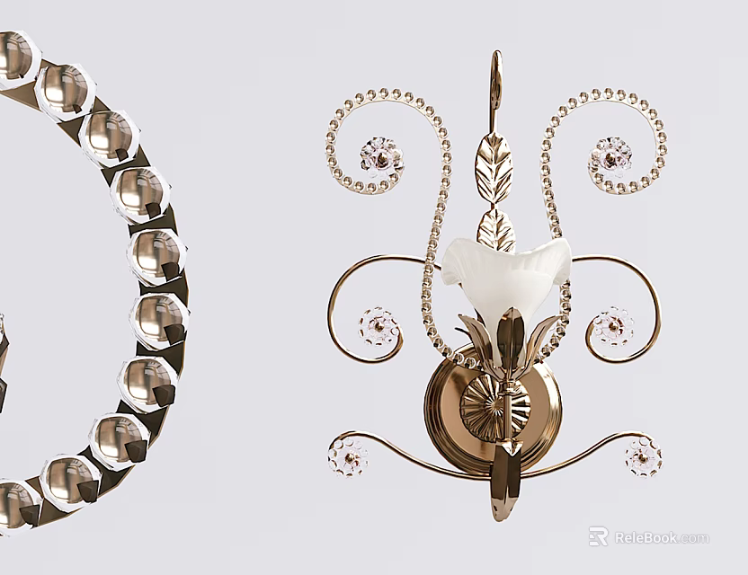 Elegant Crystal Wall Sconce With Scroll Designs White Shade And Brass Accents 3d model 