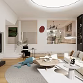 Modern White Living Dining Room Interior With Sofa Round Rug And Decorative Paintings