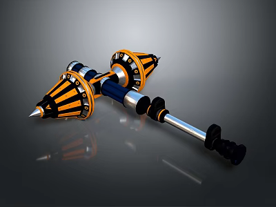 Twin Pointed Metal Weapon With Orange Black Accents And Mechanical Components 3d model