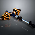 Twin Pointed Metal Weapon With Orange Black Accents And Mechanical Components
