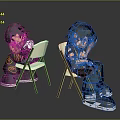 Two 3D Cartoon Characters Sitting On White Folding Chairs With Green Pants And Black Shirts