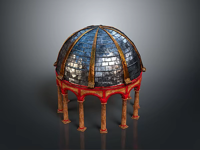 Ornate Dome Structure With Metal Tiled Surface Red Decorative Base And Tall Supporting Columns 3d model