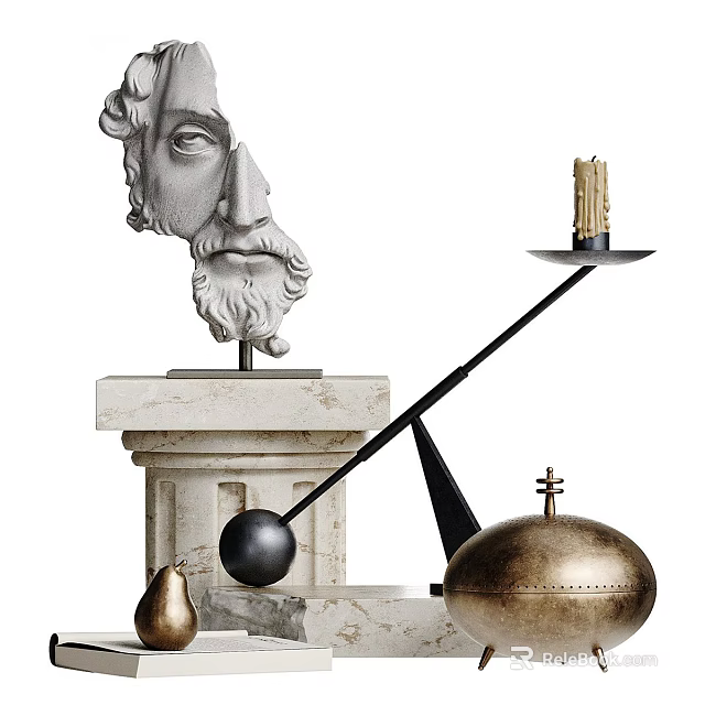 Elegant Decorative Ornament Set With Sculpture Head Marble Base Candle Holder And Metal Sphere 3d model 