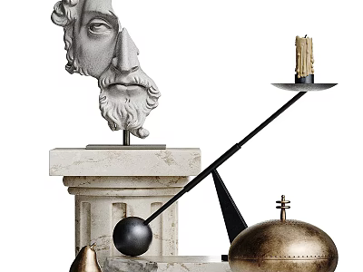 Elegant Decorative Ornament Set With Sculpture Head Marble Base Candle Holder And Metal Sphere 3d model