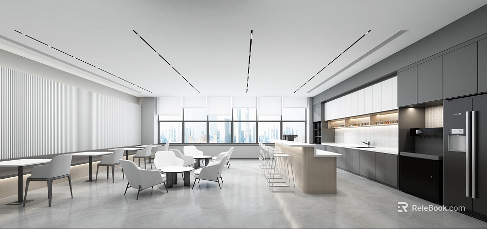 Modern Office Break Room With White Tables And Chairs Large Windows Bar Counter And Cabinets 3d model 