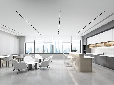 Modern Office Break Room With White Tables And Chairs Large Windows Bar Counter And Cabinets 3d model