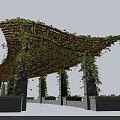 Lush Climbing Plants Covered Pergola with Wooden Frame and Stone Column Bases