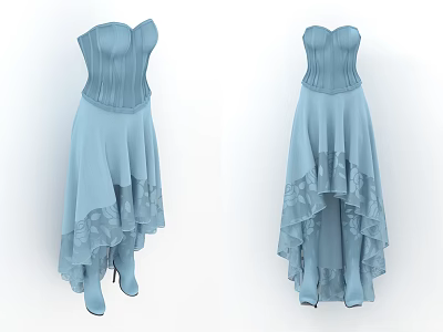 Light Blue Strapless High Waisted Dress With Asymmetrical Hem And Lace Details 3d model