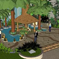 Tropical Garden Landscape with Palm Trees Circular Fountain Stone Paved Path and People Walking