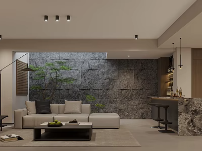Modern Home Theater Room With Light Sofa Stone Wall And Bar 3d model