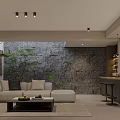 Modern Home Theater Room With Light Sofa Stone Wall And Bar
