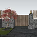 Elegant Entrance Gate With Wooden Fence Red Maple Tree Stone Decor And Green Grass