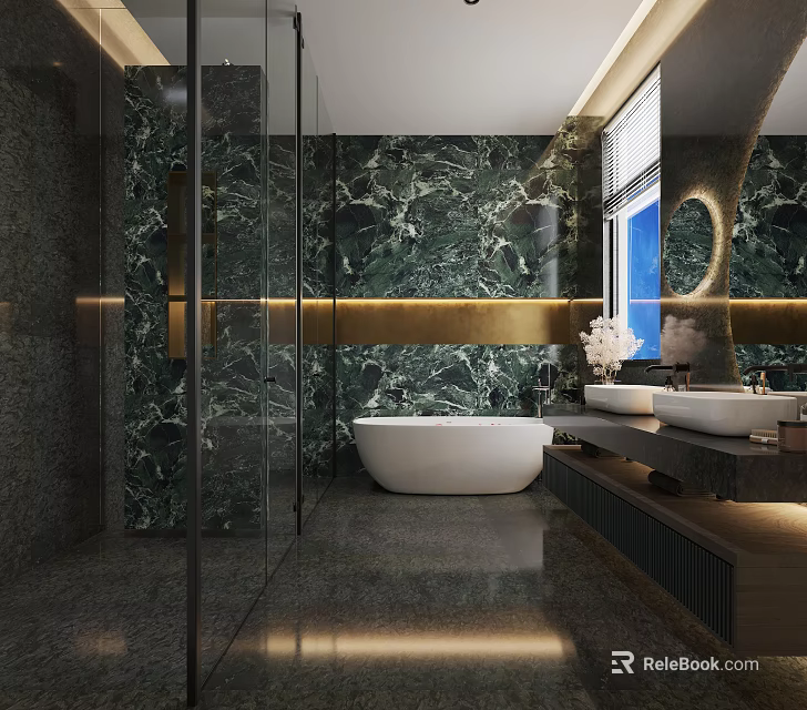 Modern Bathroom Interior With Green Marble Walls White Bathtub Glass Shower And Round Mirror 3d model 