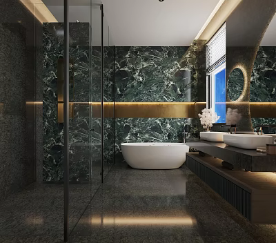 Modern Bathroom Interior With Green Marble Walls White Bathtub Glass Shower And Round Mirror 3d model