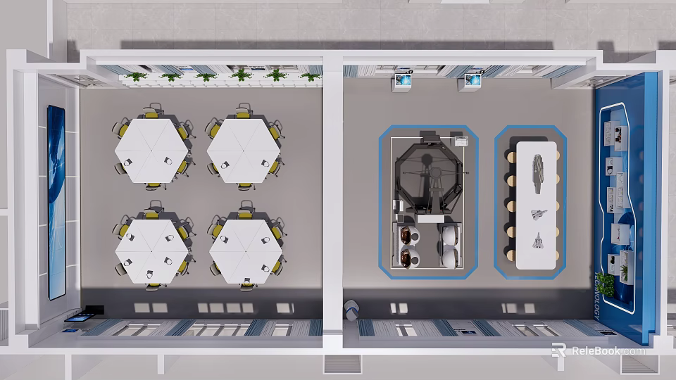 School Cafeteria Layout With Round Tables And Long Dining Tables Design 3d model