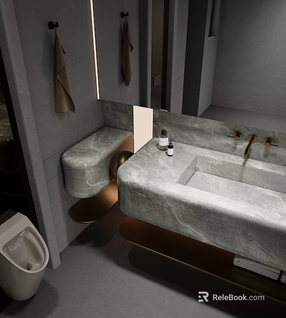 Hotel Bathroom Interior Design With Marble Vanity Double Faucets And Hanging Towels 3d model 