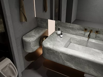 Hotel Bathroom Interior Design With Marble Vanity Double Faucets And Hanging Towels 3d model