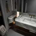 Hotel Bathroom Interior Design With Marble Vanity Double Faucets And Hanging Towels