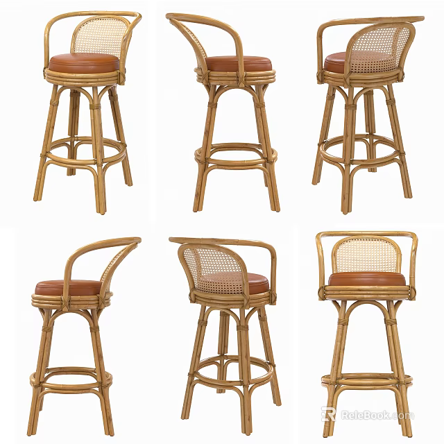 Rattan Bar Stools With Wooden Frame And Brown Upholstered Seats 3d model 