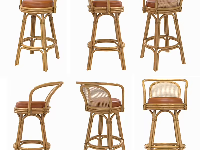 Rattan Bar Stools With Wooden Frame And Brown Upholstered Seats 3d model
