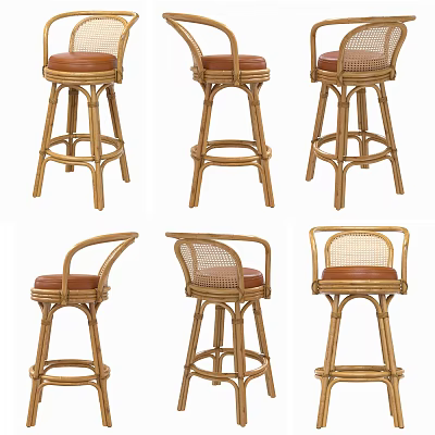 Rattan Bar Stools With Wooden Frame And Brown Upholstered Seats 3d model