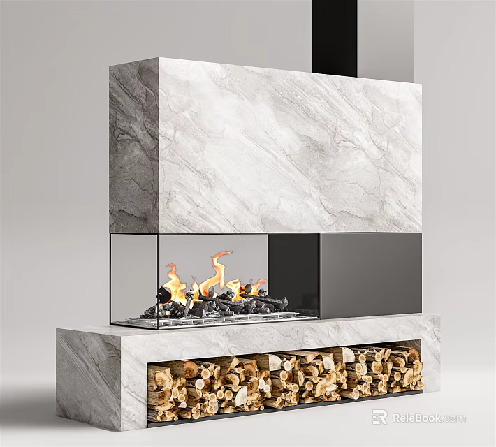 Modern Marble Fireplace With Glass Front Flames And Wood Storage Compartment 3d model 