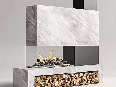 Modern Marble Fireplace With Glass Front Flames And Wood Storage Compartment 3d model