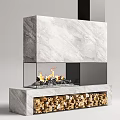 Modern Marble Fireplace With Glass Front Flames And Wood Storage Compartment