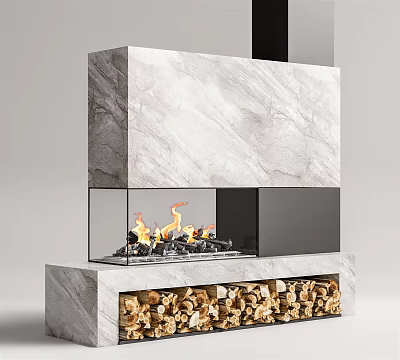 Modern Marble Fireplace With Glass Front Flames And Wood Storage Compartment 3d model