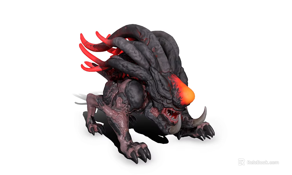 Mythical Monster With Black Body Red Tentacles Orange Glowing Head Sharp Claws Fangs 3d model 