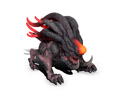 Mythical Monster With Black Body Red Tentacles Orange Glowing Head Sharp Claws Fangs 3d model