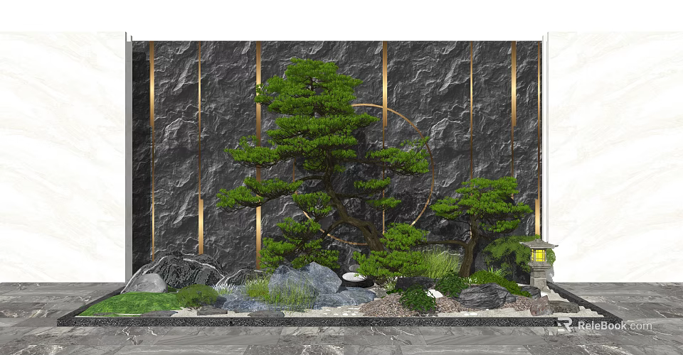 Garden Ornamental Setup With Pine Tree Rockery Stones Small Water Feature And Circular Gold Decoration 3d model 