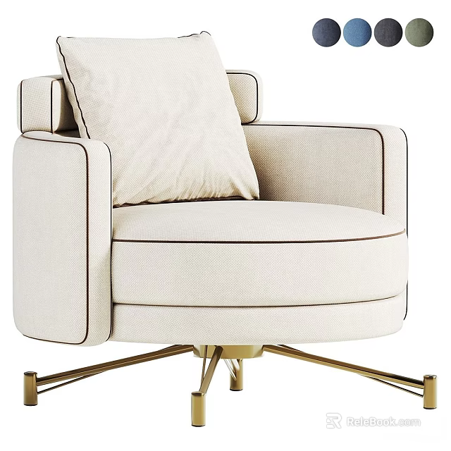 Beige Upholstered Accent Chair With Armrests Plush Cushion And Gold Metal Swivel Base 3d model 