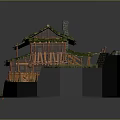 Cartoon Scene with Wooden House Green Roof Stone Wall Water Area and Wooden Bridge