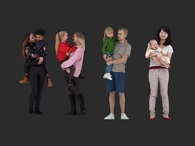 Group of Adults Holding Children in Studio Portrait Against Dark Background 3d model