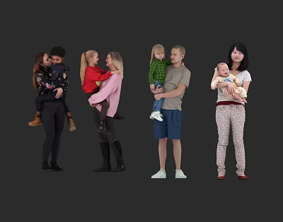 Group of Adults Holding Children in Studio Portrait Against Dark Background 3d model