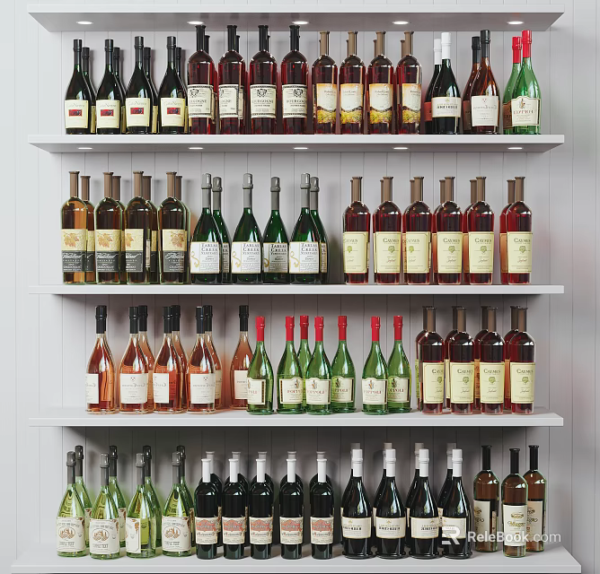 Various Types Of Wine Bottles Arranged On White Shelves With Different Colors And Labels 3d model 