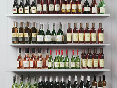Various Types Of Wine Bottles Arranged On White Shelves With Different Colors And Labels 3d model