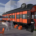 SEE U Coffee Train Shaped Cafe With Outdoor Seating Orange Chairs And Brown Umbrellas