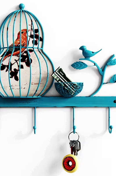 Blue Decorative Wall Hook Rack With Birdcage Blue Bird Basket And Hanging Keys 3d model