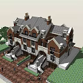 Semi Detached Villa Exterior With Red Brick Stone Sloped Roof Arched Porch And Greenery