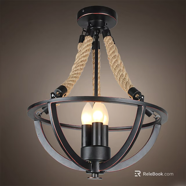Black Metal Chandelier with Rope Accents and Circular Frame Illuminated Bulb 3d model 