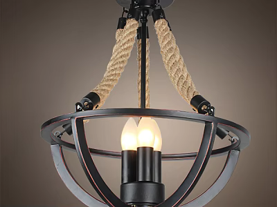 Black Metal Chandelier with Rope Accents and Circular Frame Illuminated Bulb 3d model