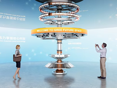Spiral Art Installation With Welcome Sign And People In Futuristic Blue Background 3d model