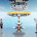 Spiral Art Installation With Welcome Sign And People In Futuristic Blue Background