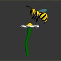 Toy Bee On White Petal Flower With Yellow Center Green Stem And Gray Background