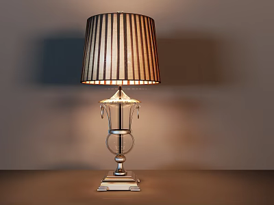 Elegant Table Lamp With Striped Lampshade Transparent Glass Base And Metal Accents 3d model
